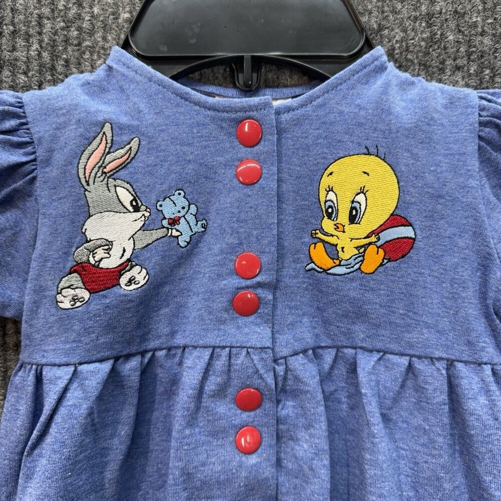Vintage Baby Looney Tunes Romper Size 0-3 Months Blue Embroidered Snap 90s NEW - Picture 2 of 12